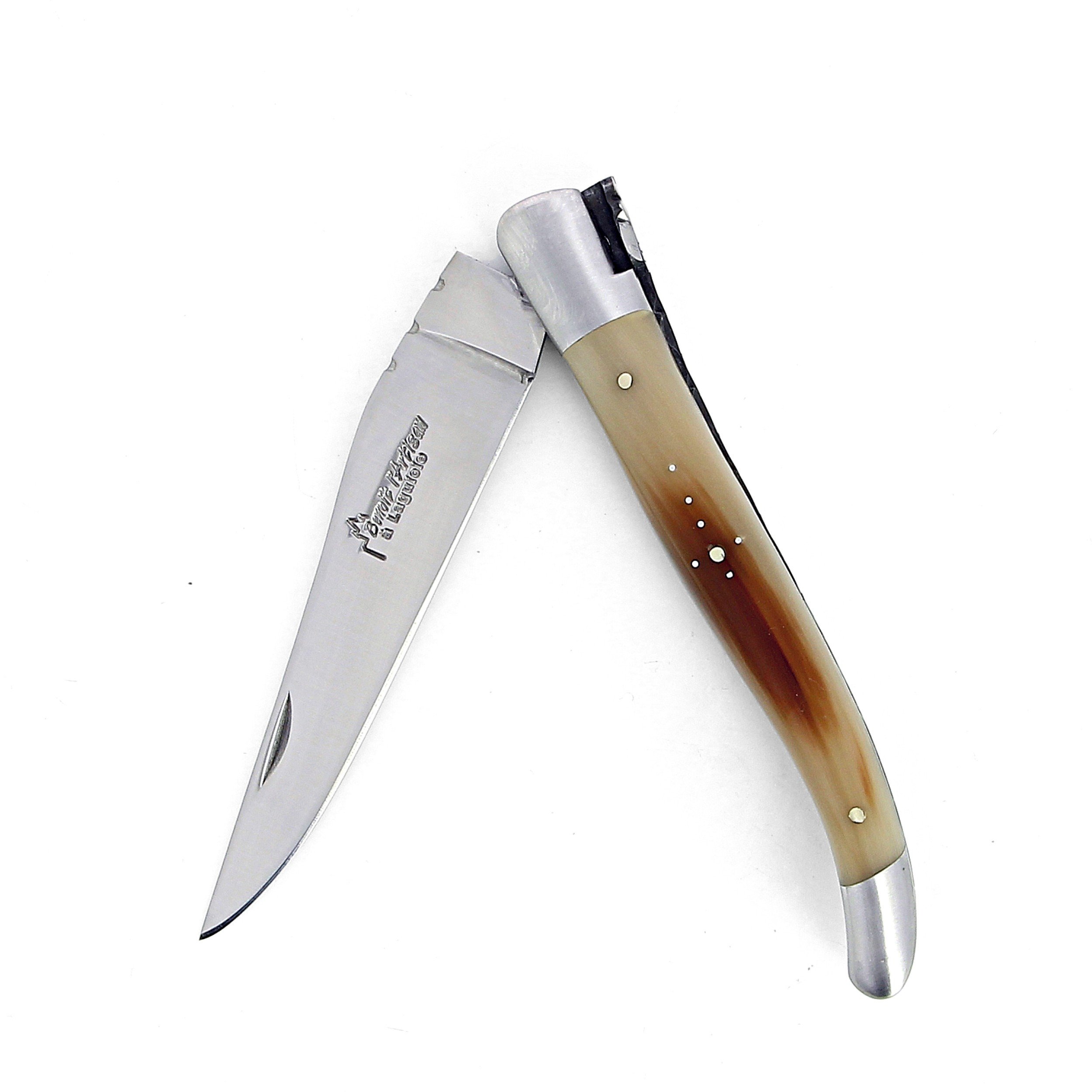 Laguiole pliant 12cm, manche en corne massive blonde, mitres inox brossé