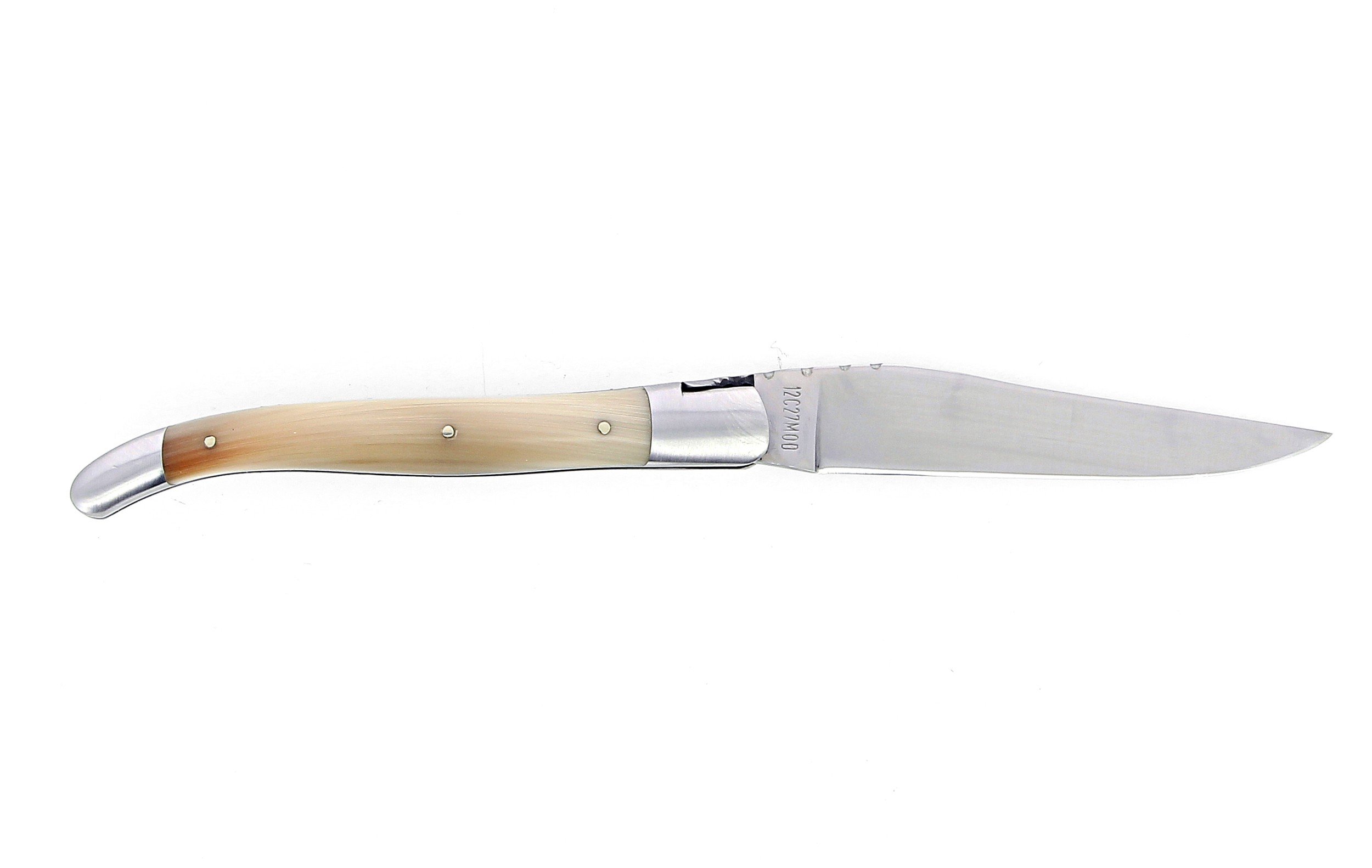 Laguiole pliant 12cm, manche en corne massive blonde, mitres inox brossé