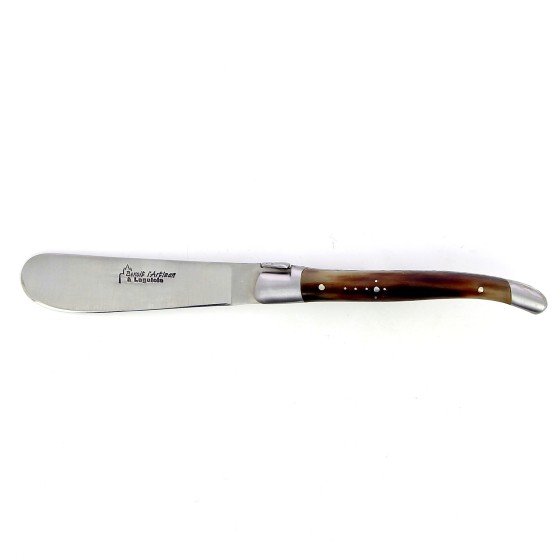 Couteau à beurre de Laguiole, manche en corne massive blonde, mitres inox brossé