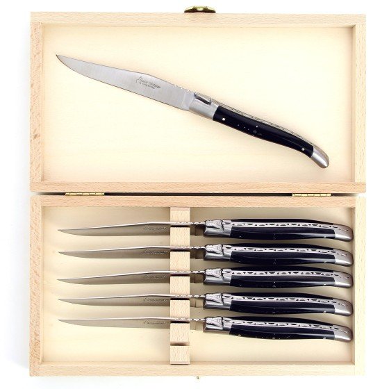 Coffret de 6 couteaux de table de Laguiole, manche en corne massive noire, mitres inox brossé