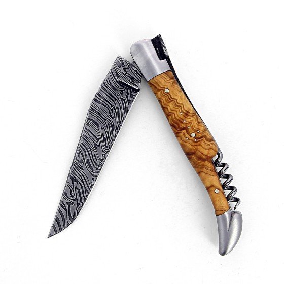 Couteau Laguiole 12 cm Abeille Forgée Double Platine, manche en bois d'olivier avec tire-bouchon, deux mitres inox, lame damas carbone explosion