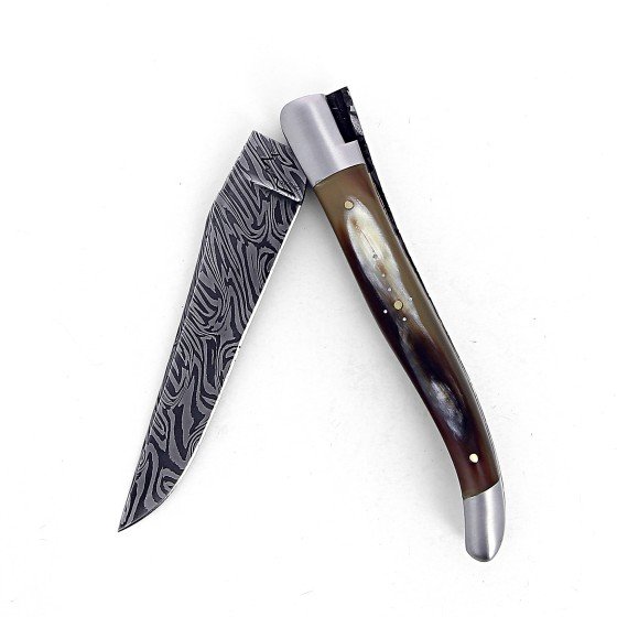 Couteau Laguiole 12 cm Abeille Forgée Double Platine manche en corne de vache Aubrac, deux mitres inox et lame damas carbone explosion