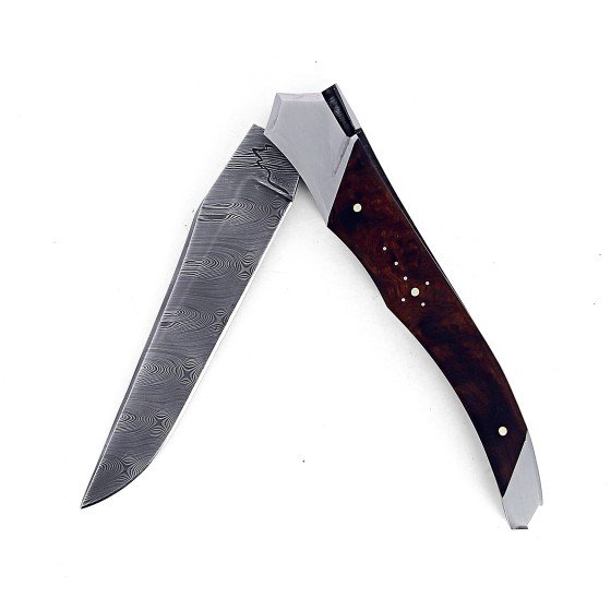 Laguiole Tribal 12 cm Abeille Forgée manche en loupe de bois de fer d'Arizona deux mitres inox platines guillochées lame damas inox