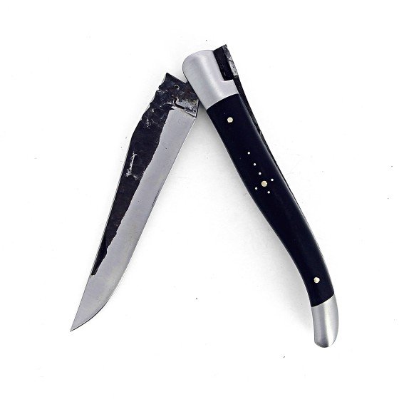 Laguiole 12 cm Abeille Forgée Double Platine manche en bois d'ébène et deux mitres inox lame brut de forge