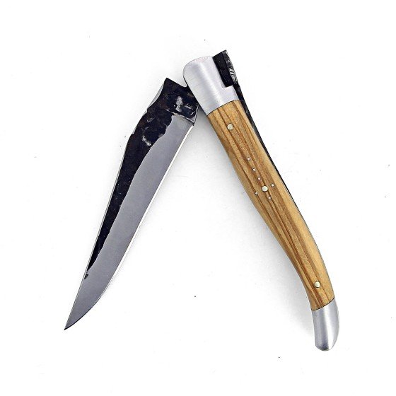 Laguiole 12 cm Abeille Forgée Double Platine manche en bois olivier et deux mitres inox lame brut de forge