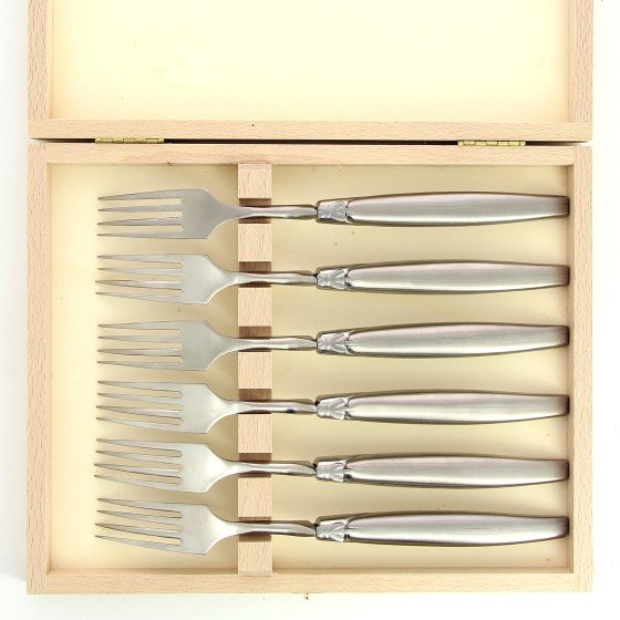 Coffret de 6 grandes fourchettes de Laguiole, plein manche en inox brossé