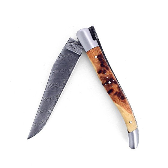 Couteau Laguiole pliant 12 cm, Abeille Forgée Double Platine manche en bois de genévrier et deux mitres, inox lame damas inox