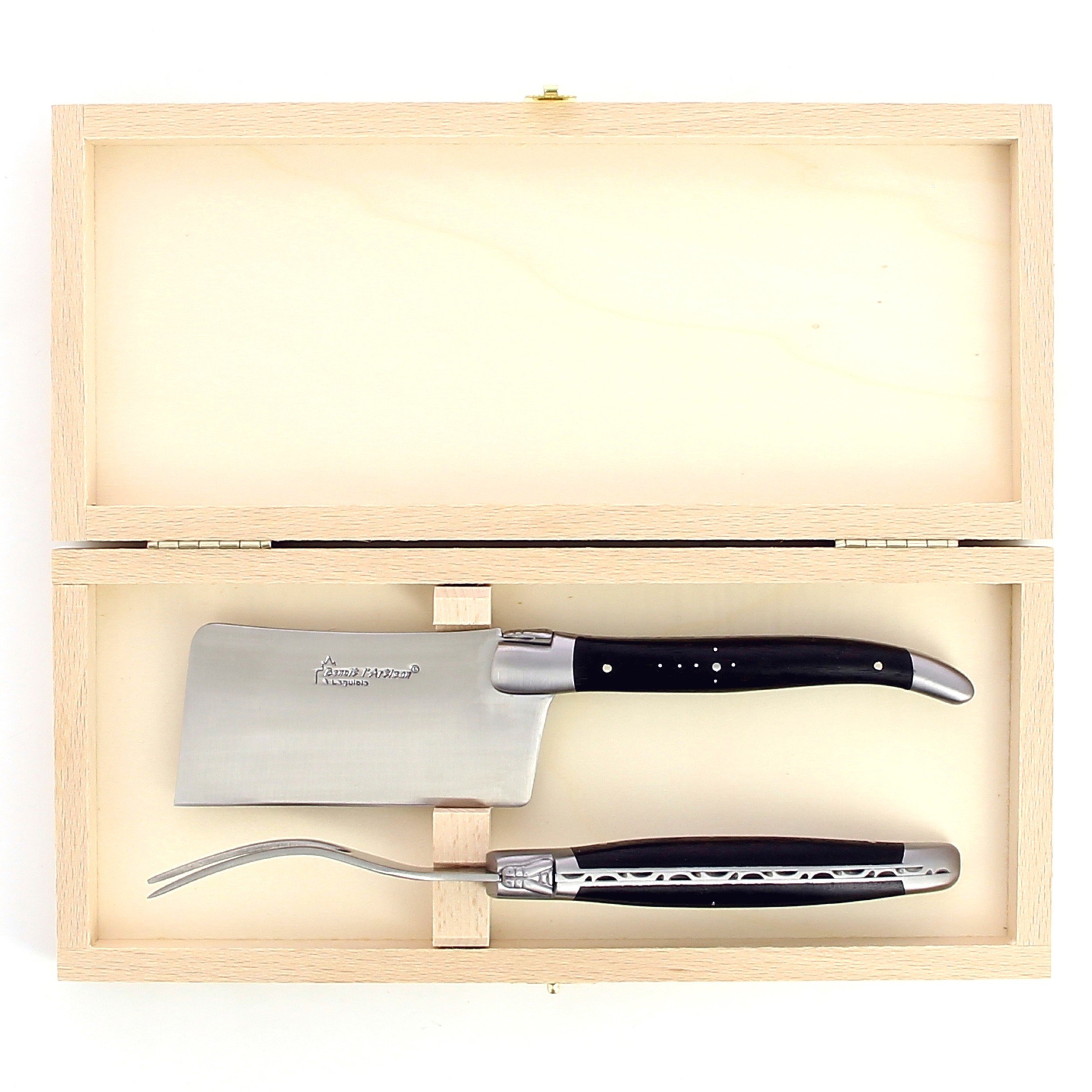 Service à fromage de Laguiole, manche en ébène, mitres inox brossées