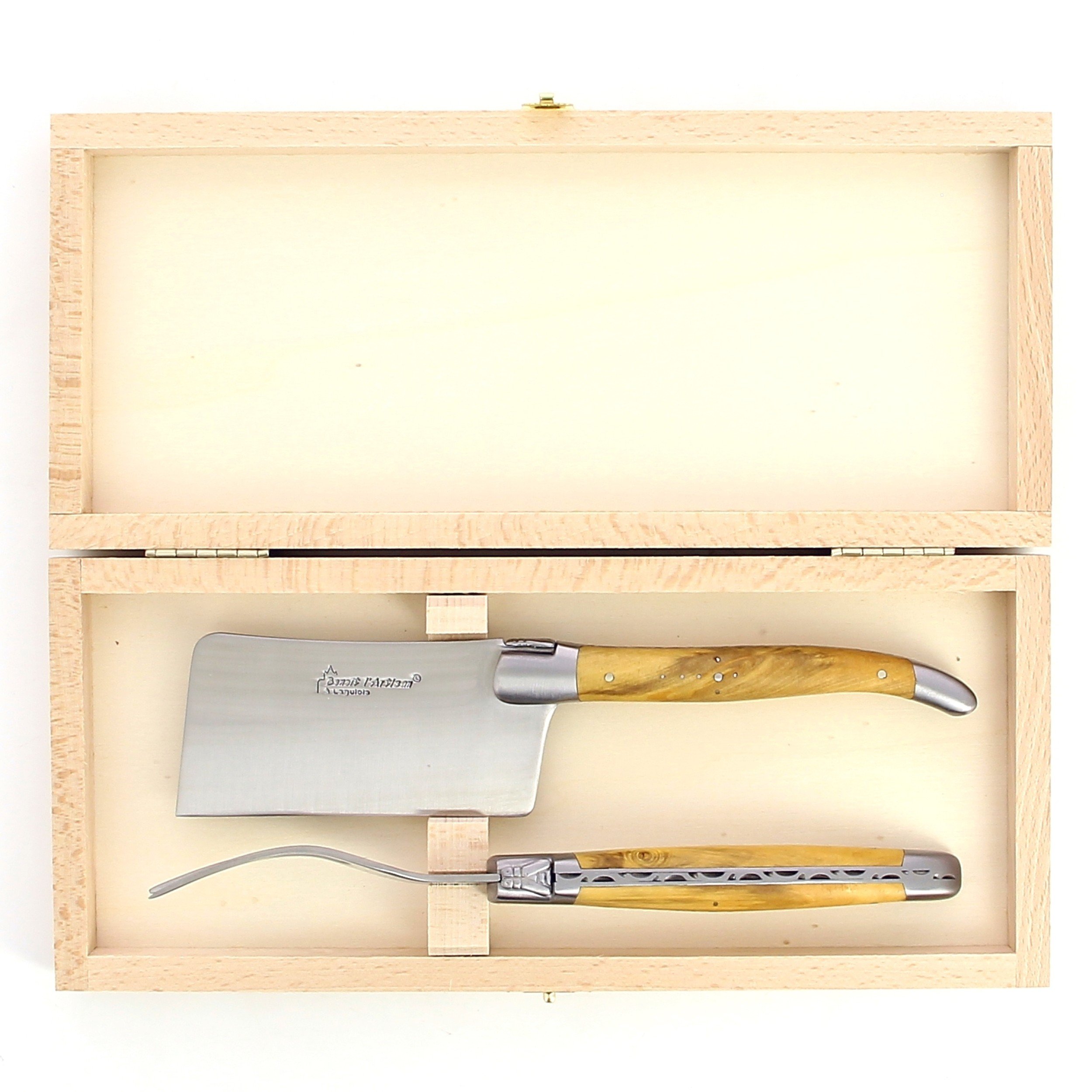 Service à fromage de Laguiole, manche en buis, mitres inox brossées