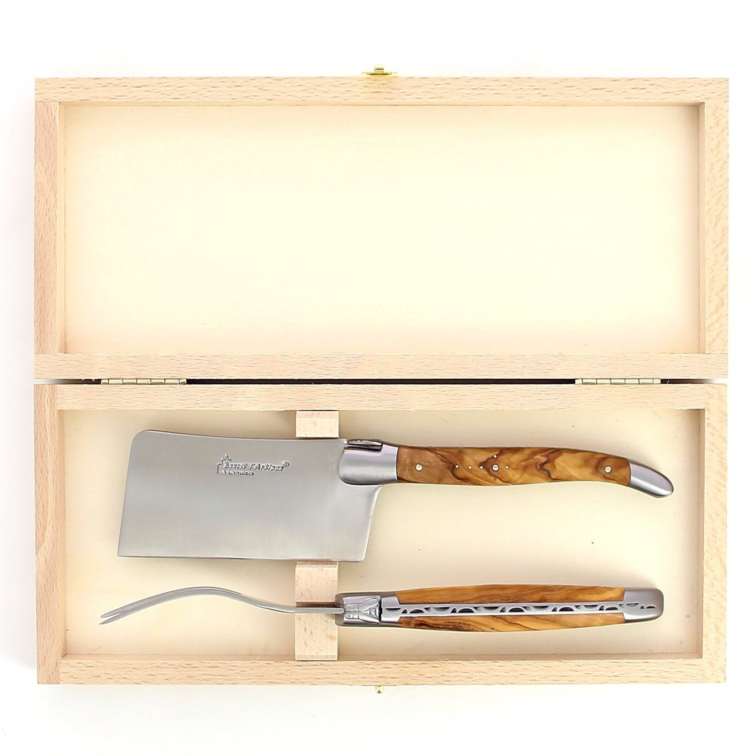 Service à fromage de Laguiole, manche en olivier, mitres inox brossées