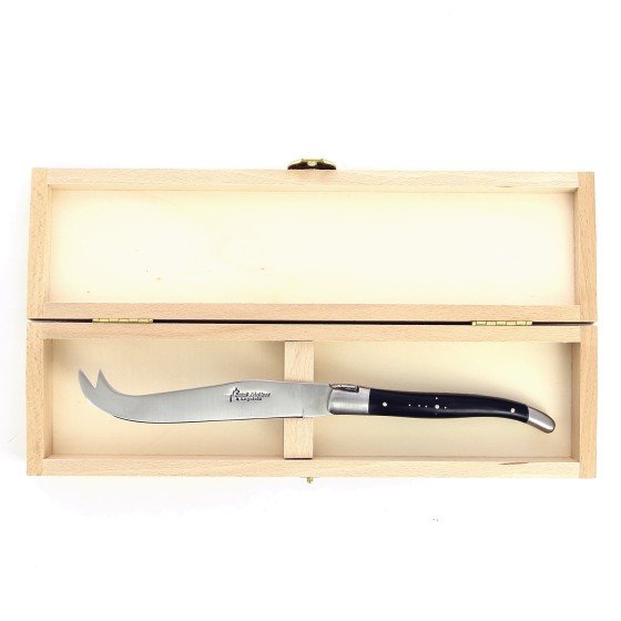 Couteau à fromage de Laguiole, manche en corne massive noire, mitres inox brossées