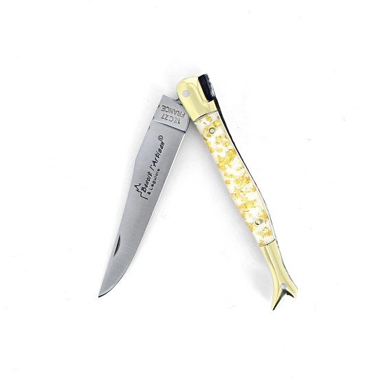 Couteau Laguiole pliant 10 cm Bottine manche inclusion de véritable feuilles d'or - Blanc