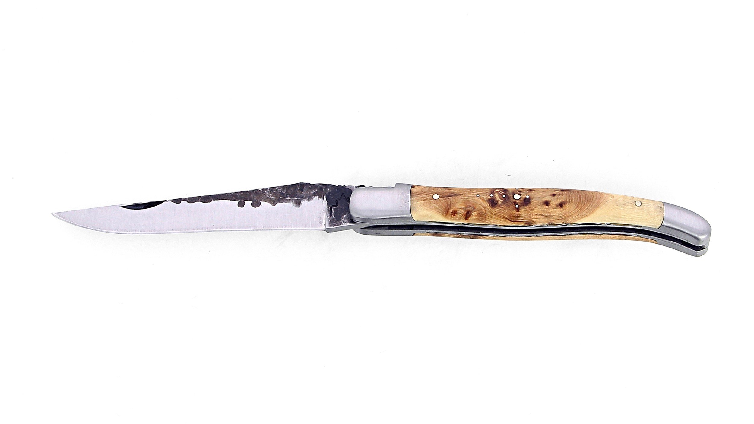 Couteau Laguiole pliant 12 cm Abeille Forgée Double Platine manche en bois de genévrier et lame brut de forge
