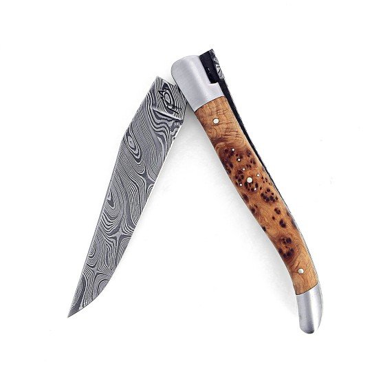Couteau Laguiole 12 cm Abeille Forgée Double Platine manche en bois de genévrier, lame damas carbone torsadé