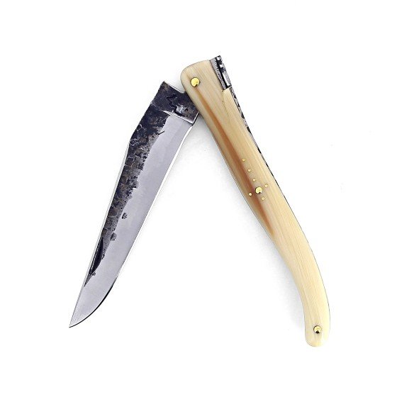 Couteau Laguiole 12 cm Abeille Forgée plein manche en pointe de corne blonde, platines laiton et lame brut de forge