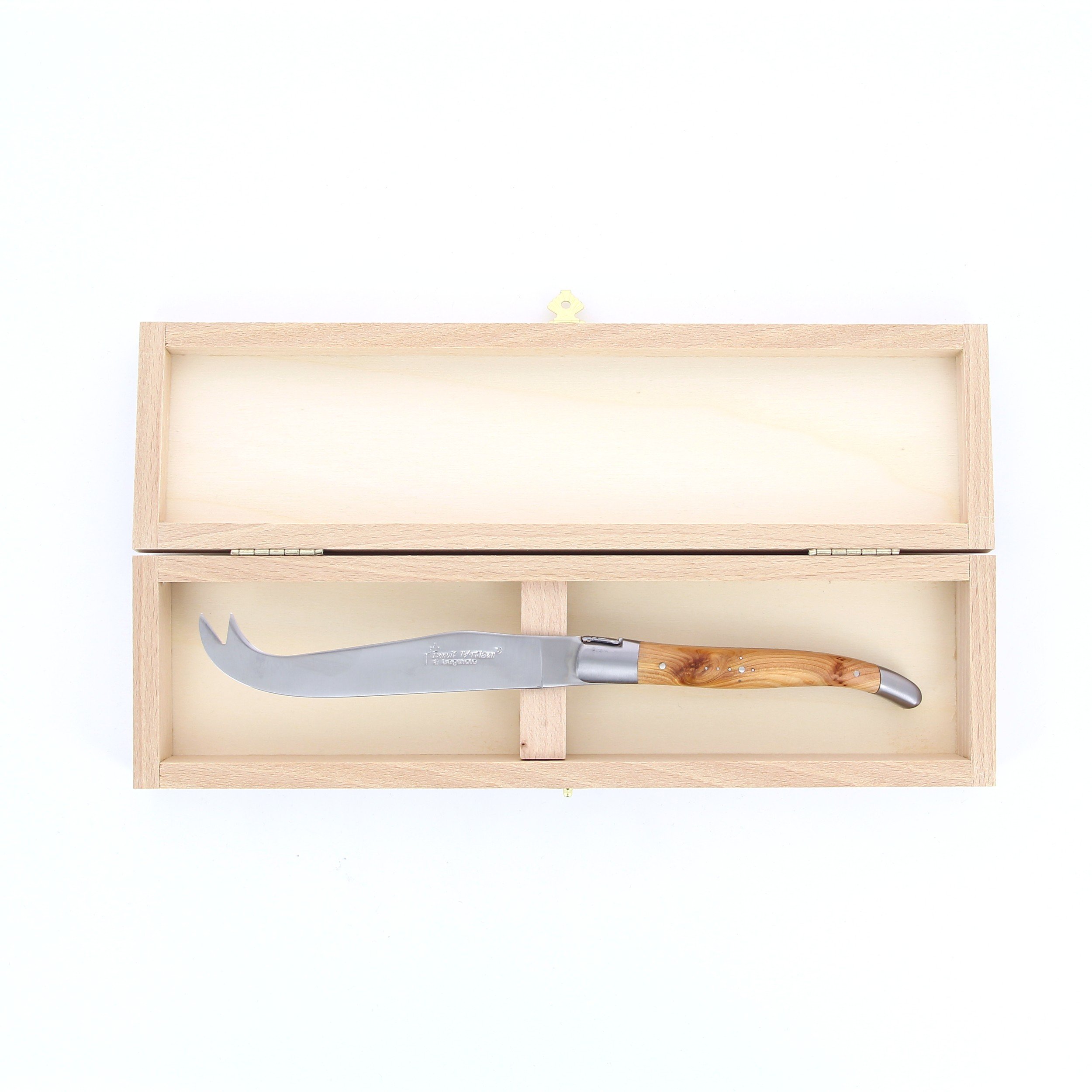 Couteau à fromage de Laguiole, manche en genévrier, mitres inox brossées