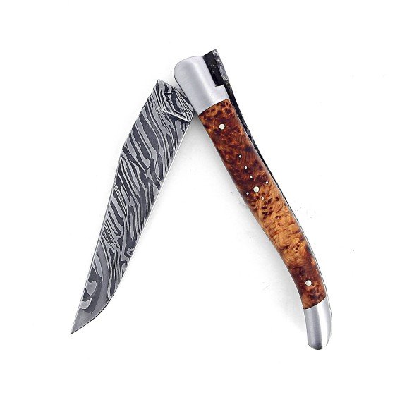 Couteau Laguiole pliant 12 cm Double Platine manche en bois de genévrier et damas cabone explosion