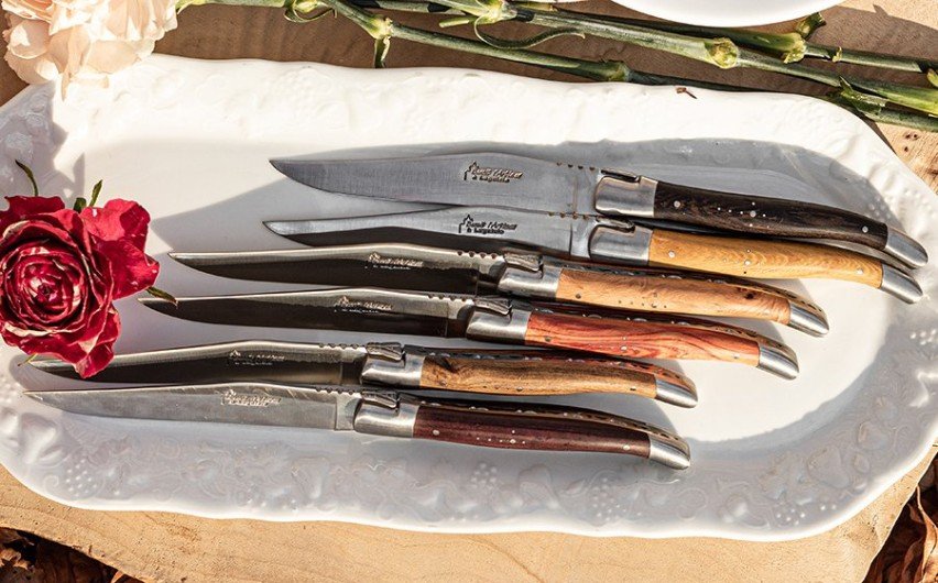 Couteaux de table Laguiole, manche en bois du monde, mitres inox