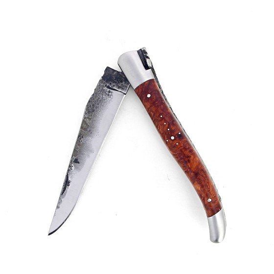 Laguiole 12 cm Abeille Forgée Double Platine manche en loupe d'Amboine stabilisée lame brute de forge