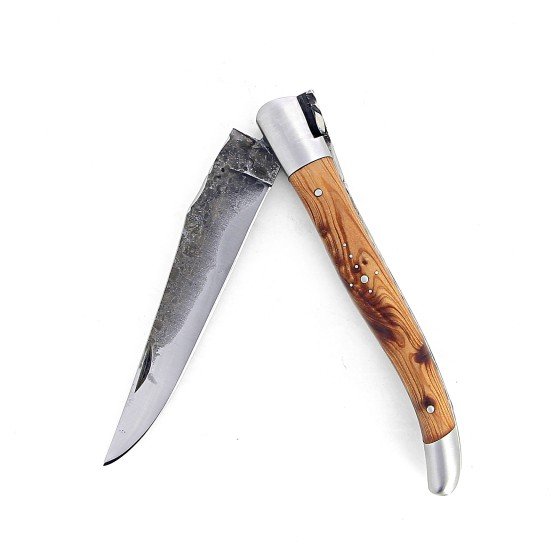 Laguiole 12 cm Abeille Forgée Double Platine manche en bois de cade et deux mitres inox lame brut de forge