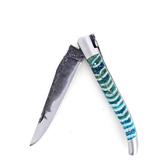 Laguiole 12 cm Abeille Forgée Double Platine manche en molaire de mammouth  et deux mitres inox lame Damas