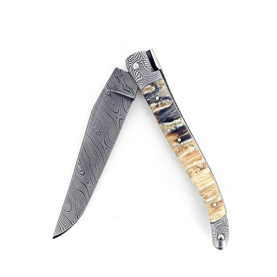 Laguiole 12 cm Abeille Forgée manche en molaire de mammouh et deux mitres damas lame damas carbone explosion