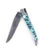 Laguiole 12 cm Abeille Forgée manche en corail fossile et deux mitres damas lame damas carbone explosion