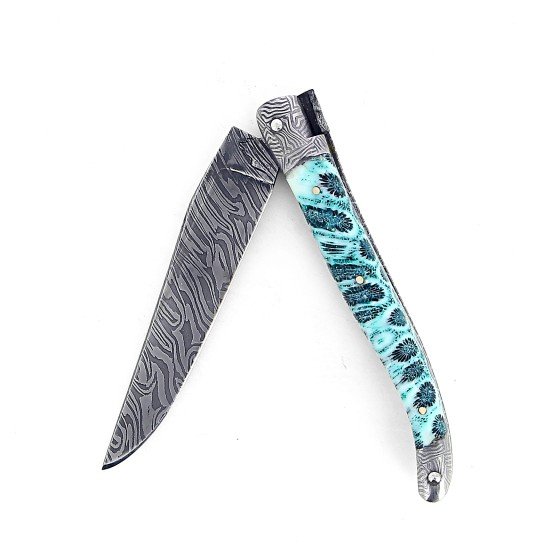 Laguiole 12 cm Abeille Forgée manche en corail fossile et deux mitres damas lame damas carbone explosion