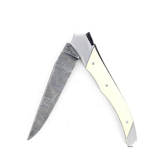 Laguiole Tribal 12 cm Abeille Forgée manche en défense de mammouth et deux mitres inox platines guillochées lame damas inox