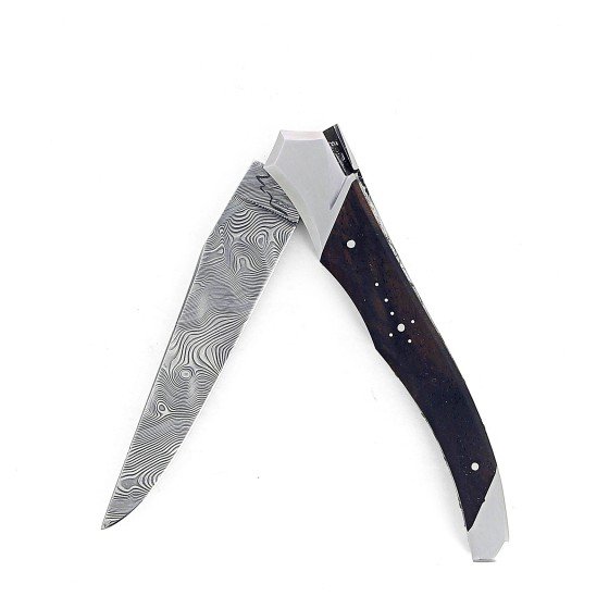 Laguiole Tribal 12 cm Abeille Forgée manche en bois de noyer et deux mitres inox platines guillochées lame damas inox