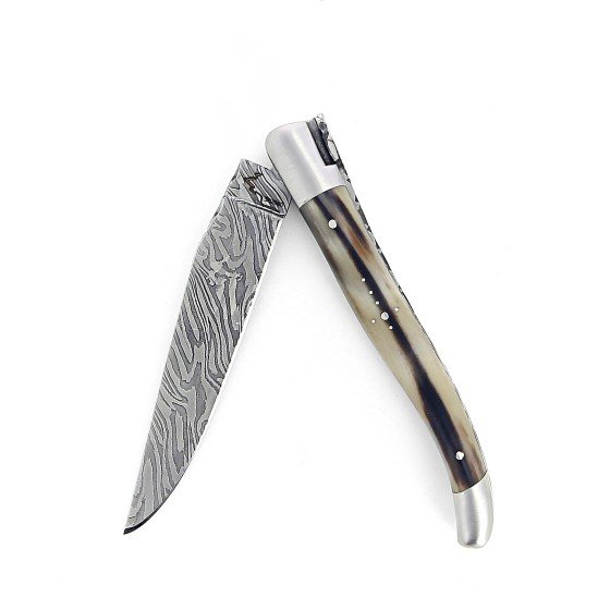 Laguiole 12cm Doubles platines en corne massive blonde lame damas inox