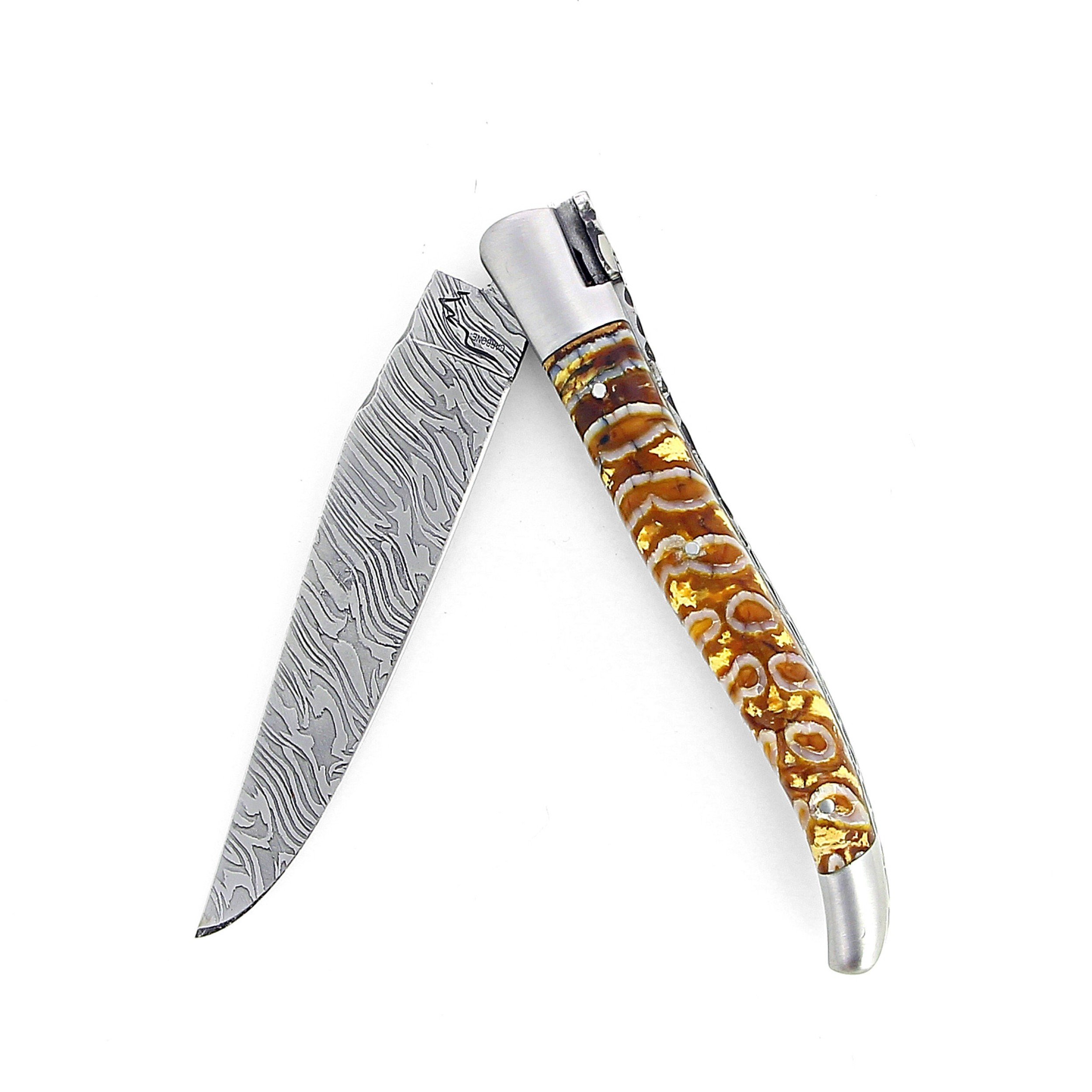 Laguiole 12 cm Abeille Forgée Double Platine manche en molaire de mammouth jaune rouge et deux mitres inox lame damas explosion