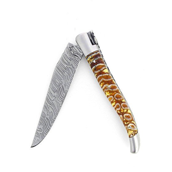 Laguiole 12 cm Abeille Forgée Double Platine manche en molaire de mammouth jaune rouge et deux mitres inox lame damas explosion
