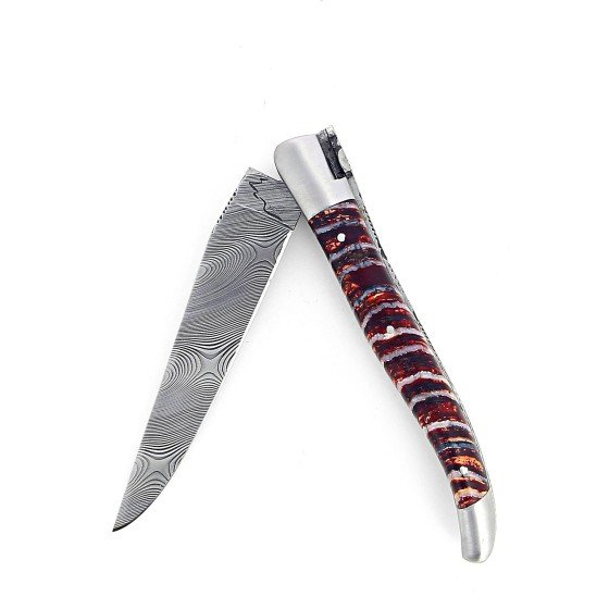 Laguiole 12 cm Abeille Forgée Double Platine manche en molaire de mammouth rouge lame damas inox