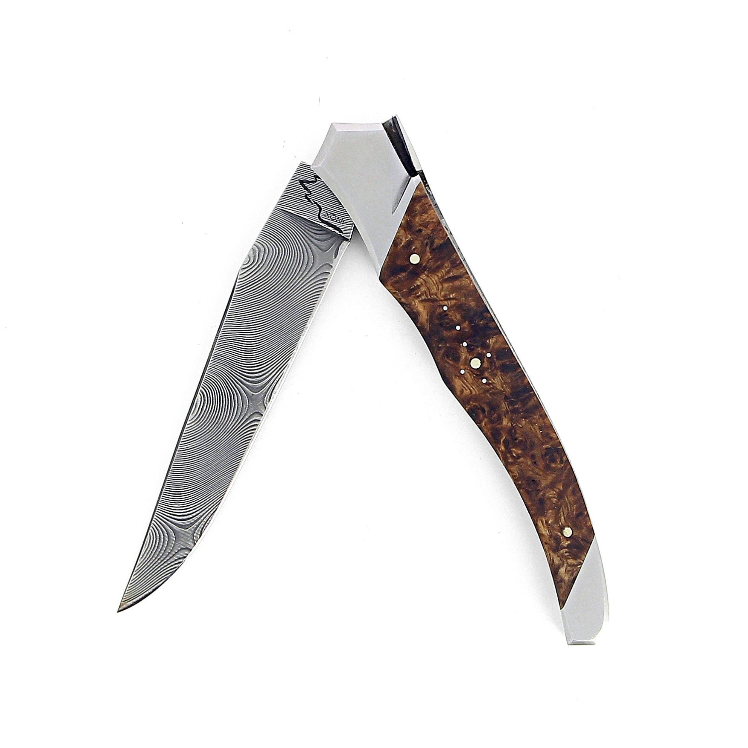 Laguiole Tribal 12 cm Abeille Forgée manche en loupe d'Amboine platines guillochées lame damas inox
