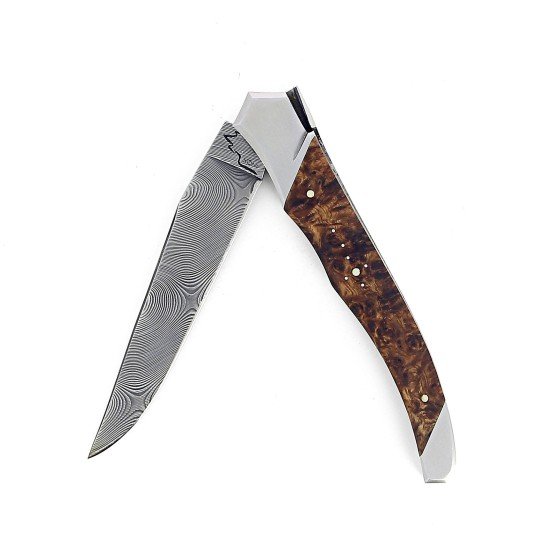 Laguiole Tribal 12 cm Abeille Forgée manche en loupe d'Amboine platines guillochées lame damas inox