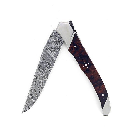 Laguiole TRIBAL 12 cm platines guillochées manche en loupe de bois de fer d'Arizona et deux mitres inox  lame damas torsadé