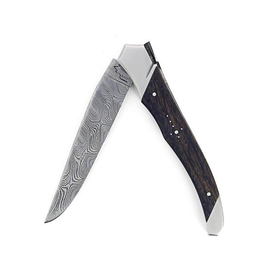 Laguiole Tribal 12 cm Abeille Forgée manche en bois de Morta et deux mitres inox platines guillochées lame damas torsadé