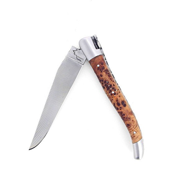 Laguiole 12 cm Abeille Forgée Double Platine manche en bois de cade et deux mitres inox lame damas inox