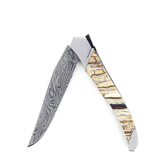 Laguiole Tribal 12 cm Abeille Forgée manche en molaire de mammouth et deux mitres inox platines guillochées lame damas explosion