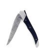 Laguiole Tribal pliant 12 cm, platines guillochées, manche en ébène, mitres inox brossées, lame Damas inox