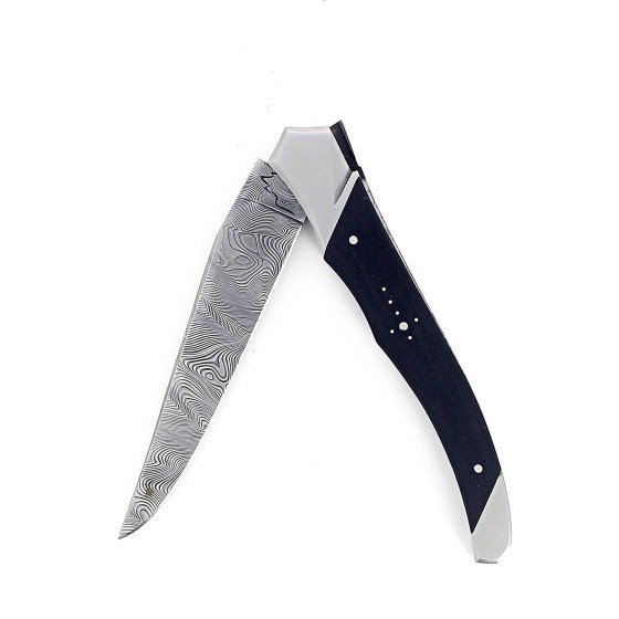 Laguiole Tribal pliant 12 cm, platines guillochées, manche en ébène, mitres inox brossées, lame Damas inox