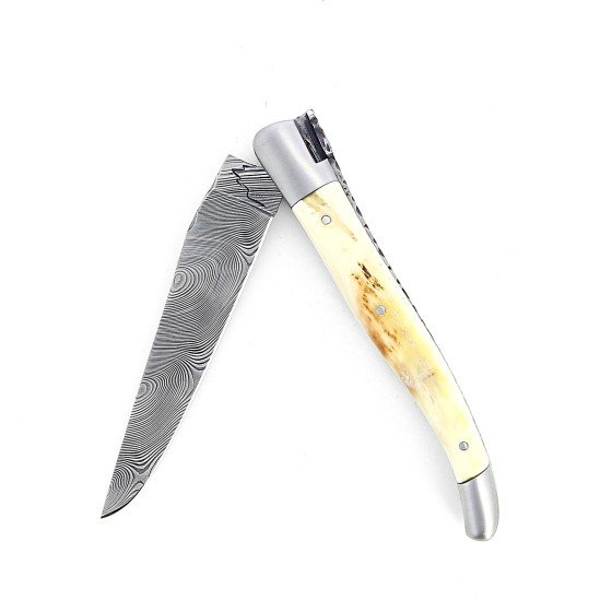 Laguiole 12 cm Abeille Forgée Double Platine manche en dent de phacochère et deux mitres inox lame damas inox