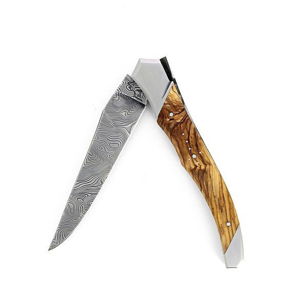 Laguiole Tribal 12 cm Abeille Forgée manche en bois olivier et deux mitres inox platines guillochées lame damas inox