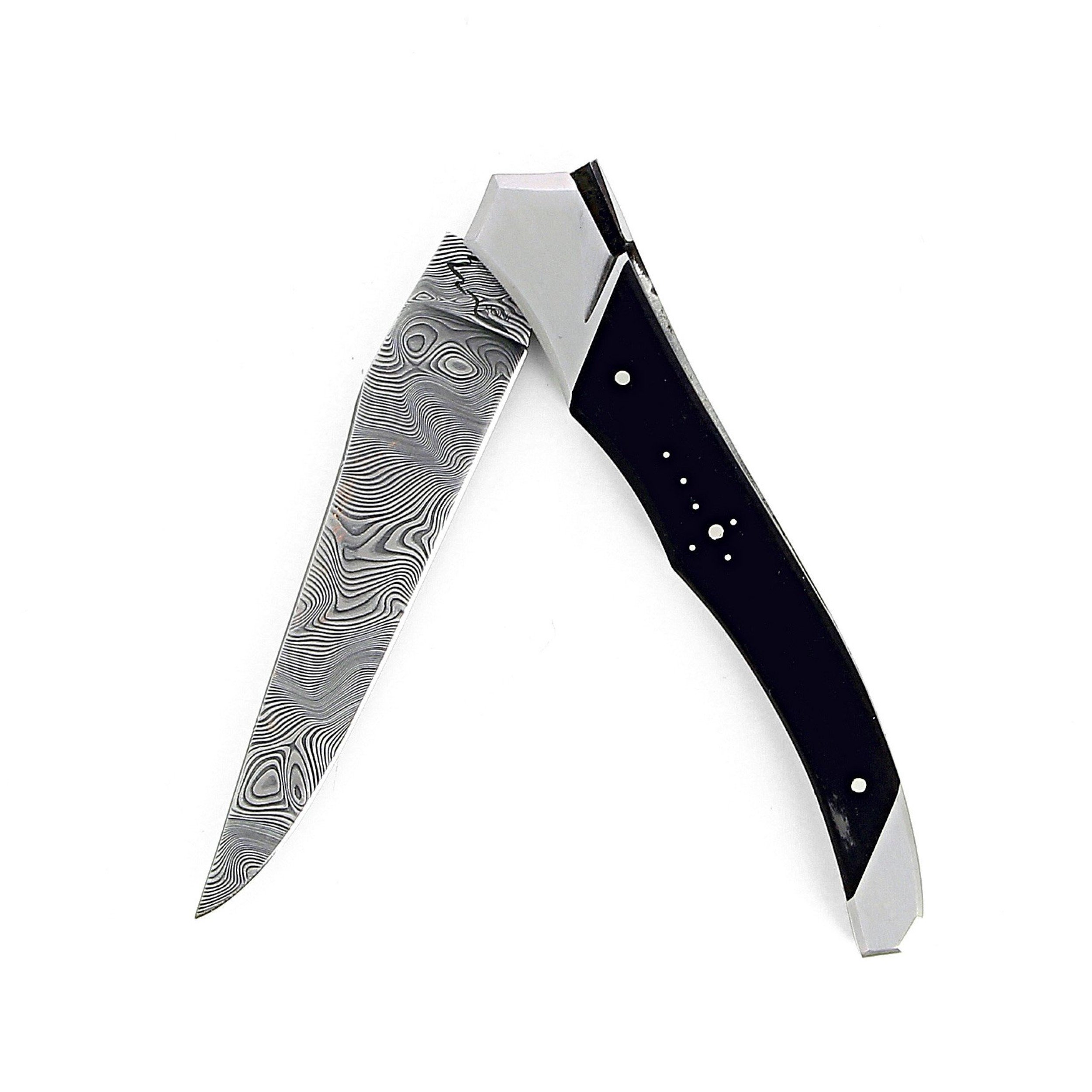 Laguiole Tribal 12 cm Abeille Forgée manche en bois d'ebene et deux mitres inox platines guillochées lame damas inox