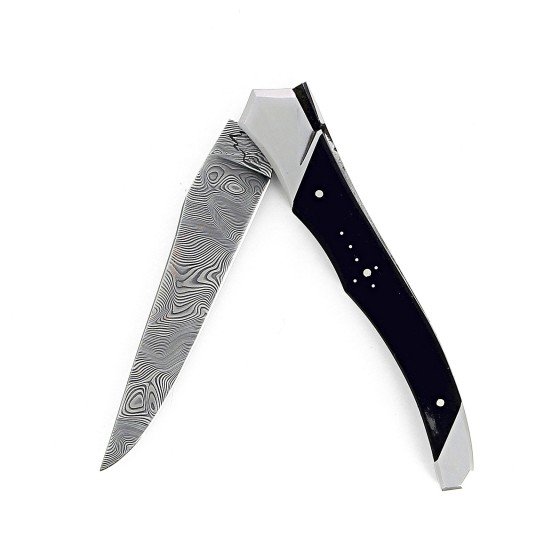 Laguiole Tribal 12 cm Abeille Forgée manche en bois d'ebene et deux mitres inox platines guillochées lame damas inox