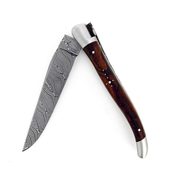 Laguiole 13 cm Abeille Forgée Double Platine manche en bois de fer  et deux mitres inox lame damas torsadé