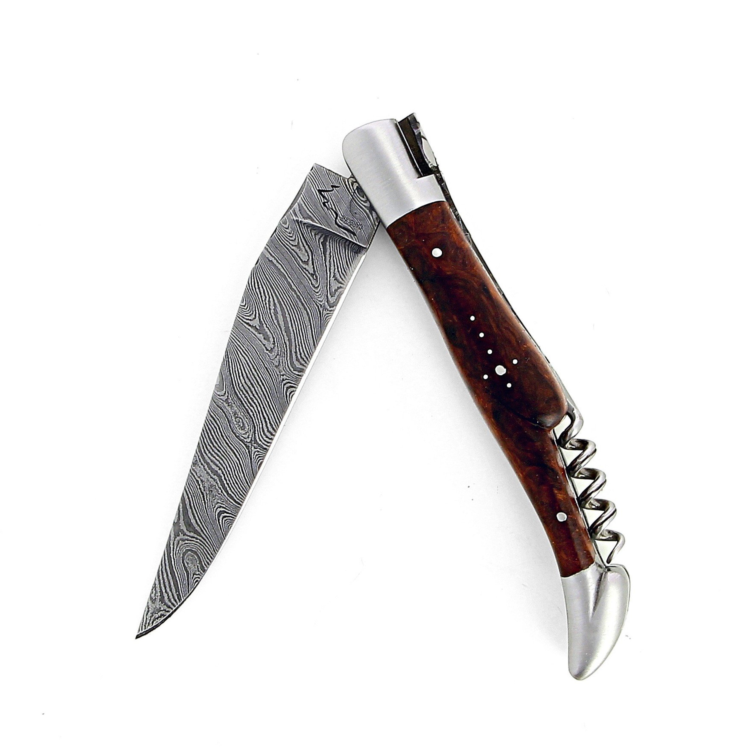 Laguiole 12 cm Abeille Forgée Double Platine manche en bois de fer  tire-bouchon et deux mitres inox lame damas
