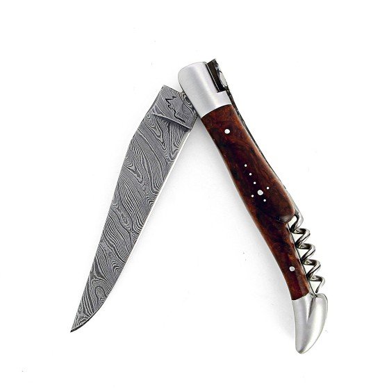 Laguiole 12 cm Abeille Forgée Double Platine manche en bois de fer  tire-bouchon et deux mitres inox lame damas