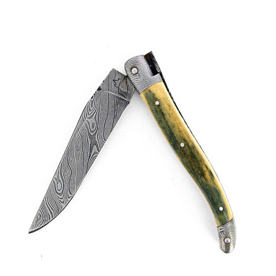 Laguiole 12 cm Abeille Forgée manche en ivoire de mammouh et deux mitres inox lame damas carbone explosion